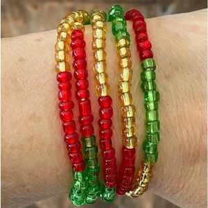 Red Green Gold Christmas Holiday Handmade Large Seed Bead Bracelet Necklace